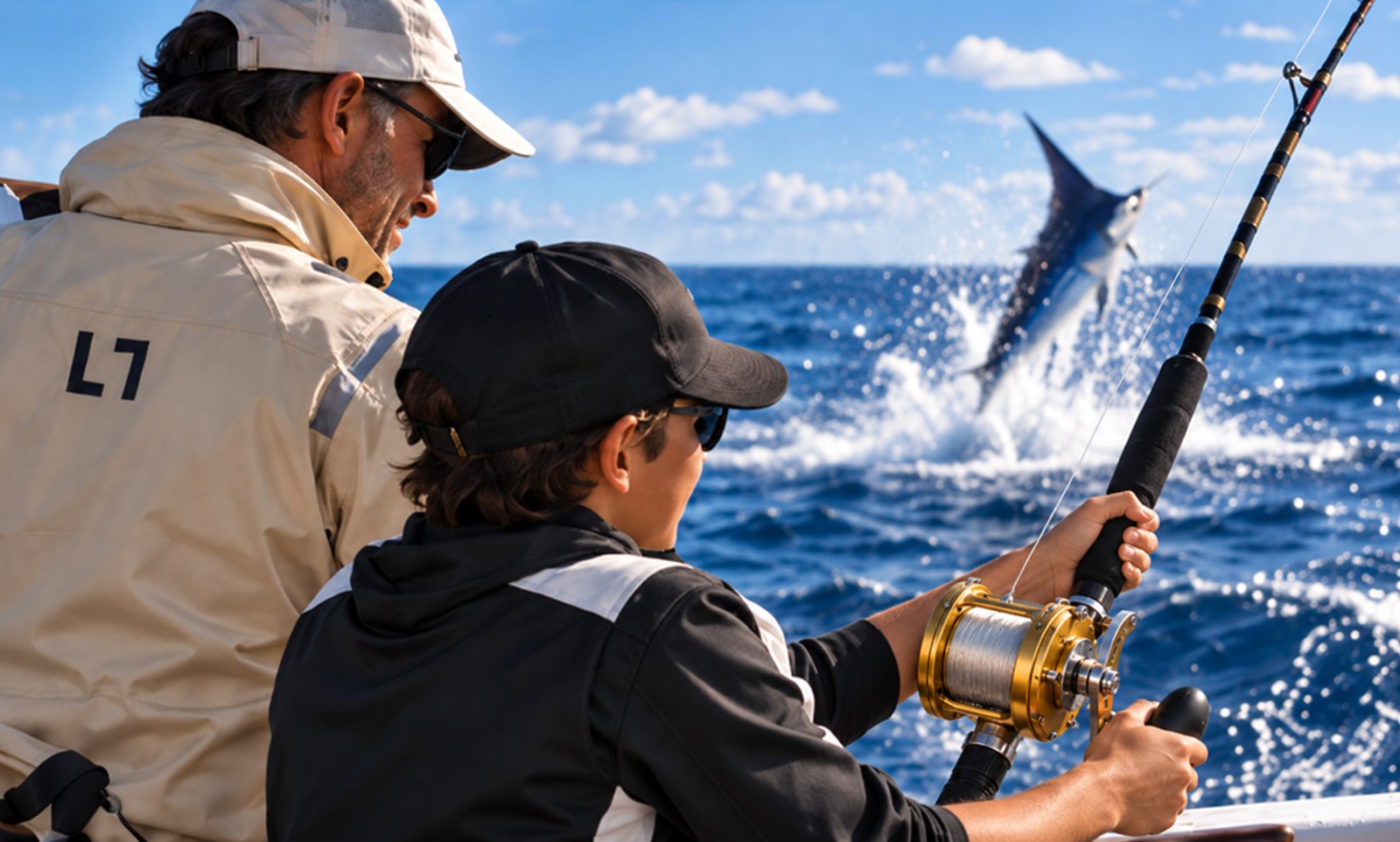 A boy at the reel with a man beside him as a marlin jumps clear of the water