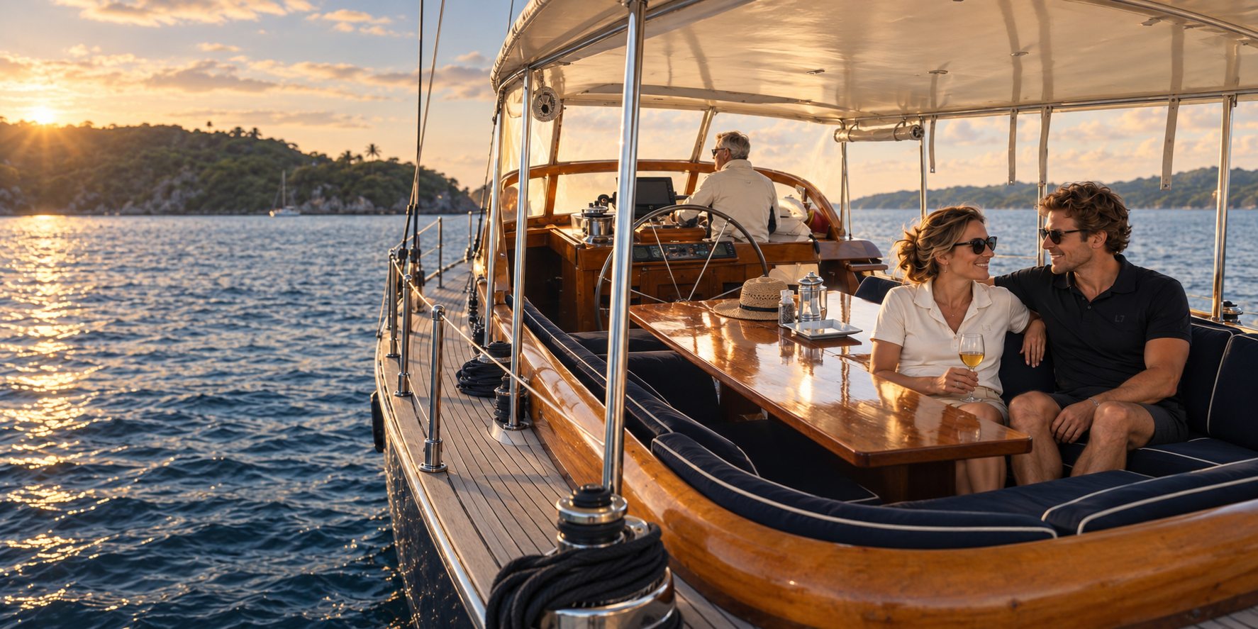 A couple in Load Line polos at the cockpit table of Lauren L at sunset, the captain at the wheel and the teak side deck running forward