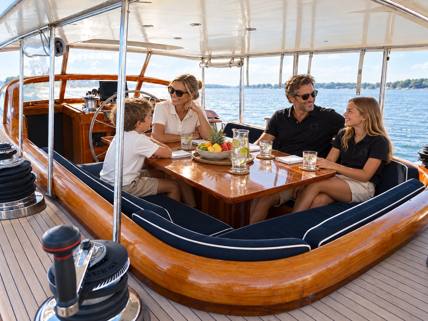A family in Load Line polos at the cockpit table