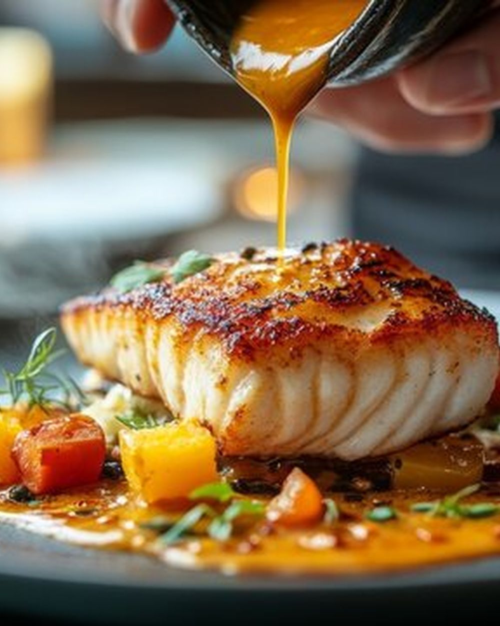 The main course, fish landed that morning, finished with its sauce