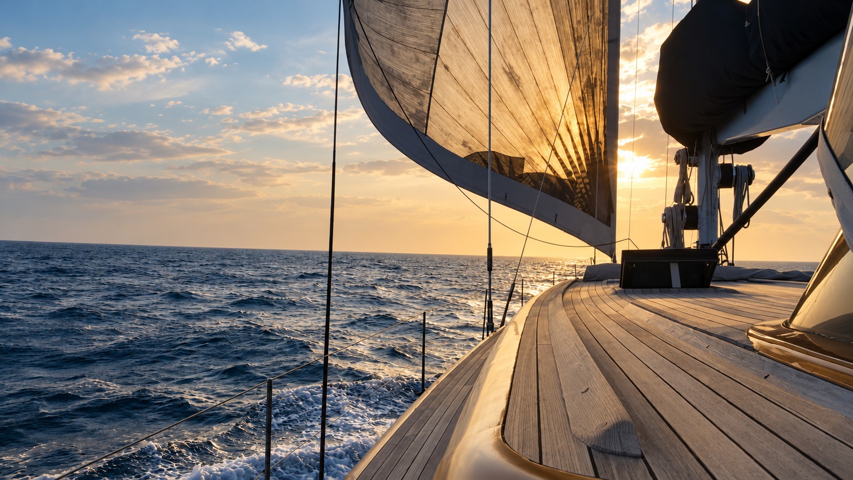 The side deck of Lauren L under sail at sunset, the sun through the sail