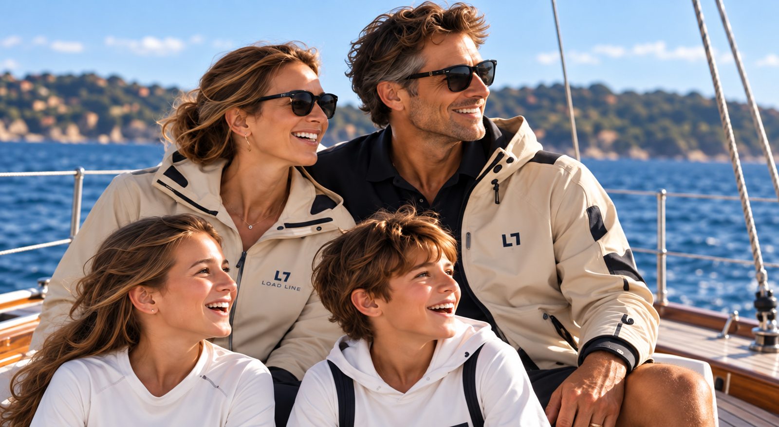 A family in Load Line jackets laughing together on deck under sail