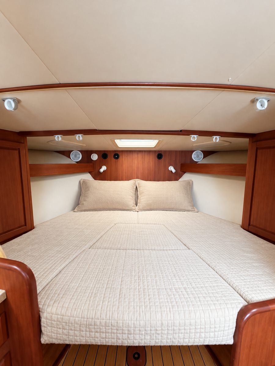 The forward berth, made up in cream linen