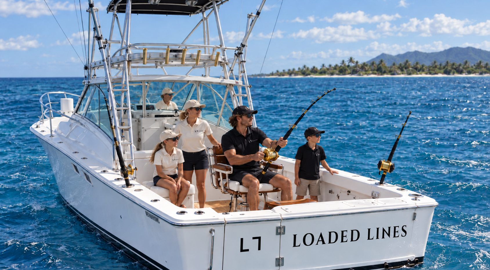 Loaded Lines offshore, her name on the transom and a rod bent in the fighting chair