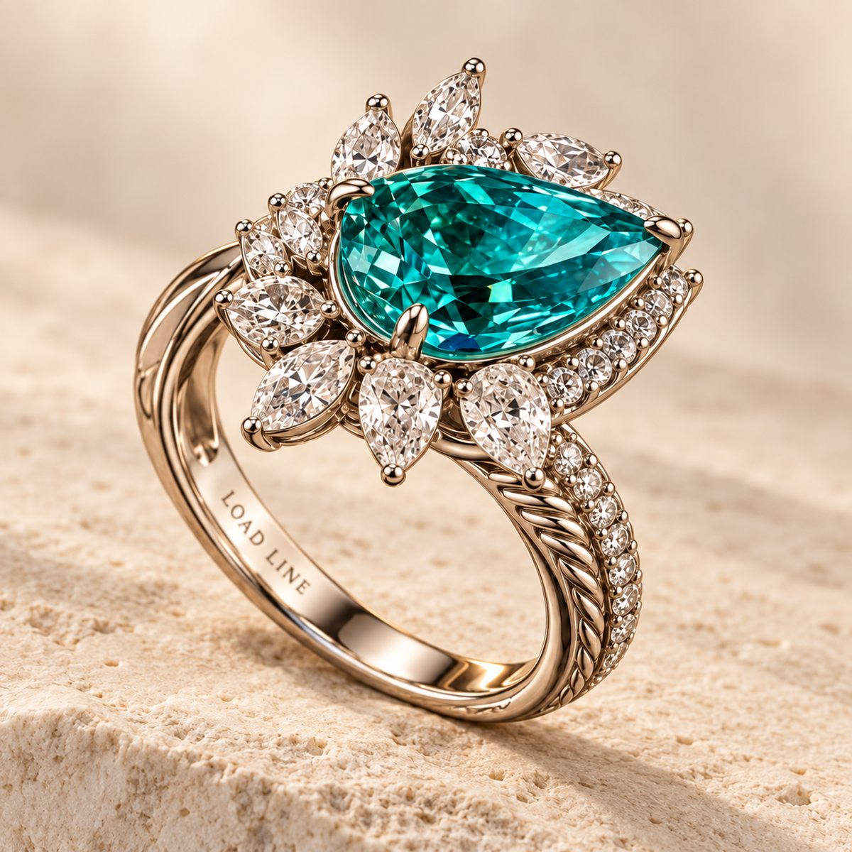 Lagoon-teal pear ring with a diamond cluster