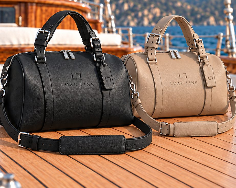 Black and sand leather weekenders on a teak deck