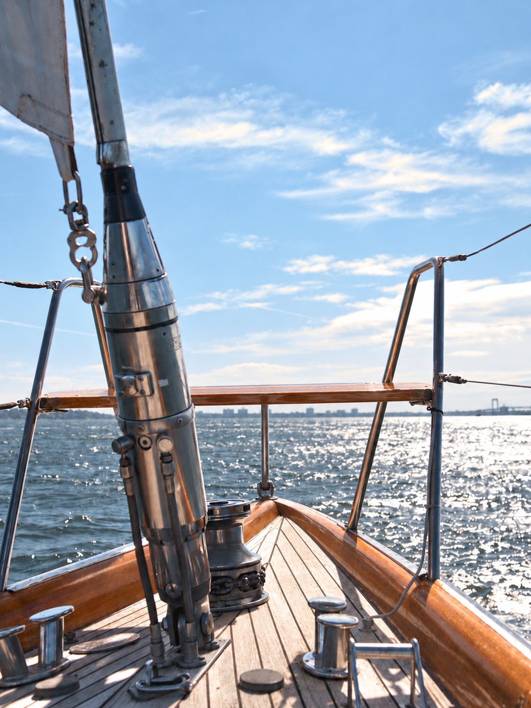 The bow of Lauren L under way: teak foredeck, a varnished seat across the rails and bright water ahead